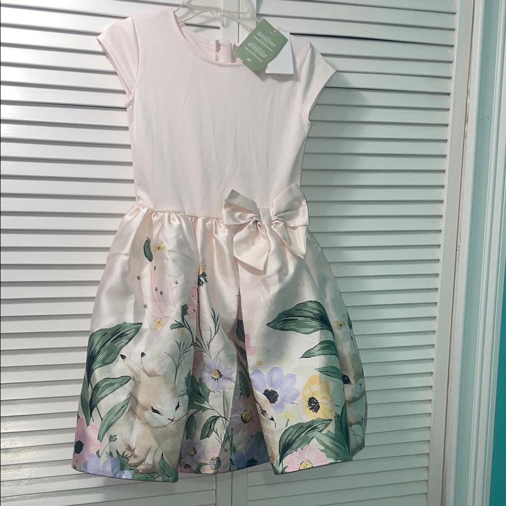 H&M Pale Pink Satin Floral Bow Party Dress